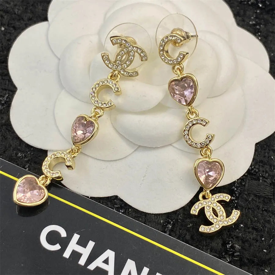 Chanel pink peach heart tassel rhinestone earrings