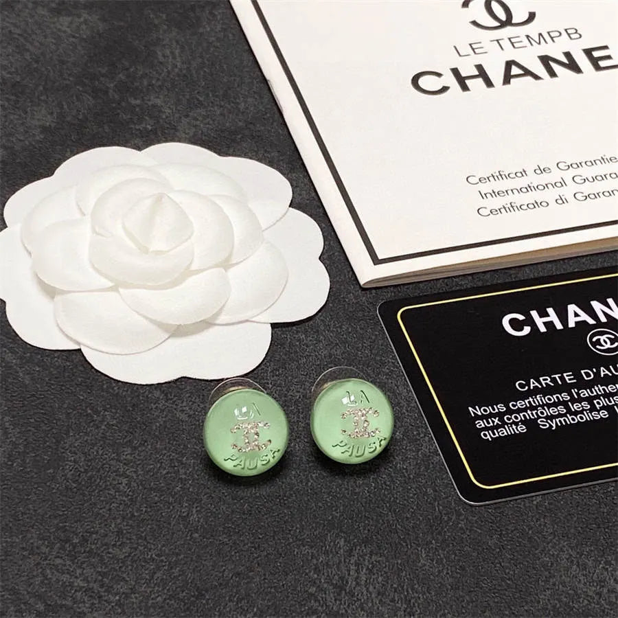 Chanel light green crystal stud earrings with diamonds