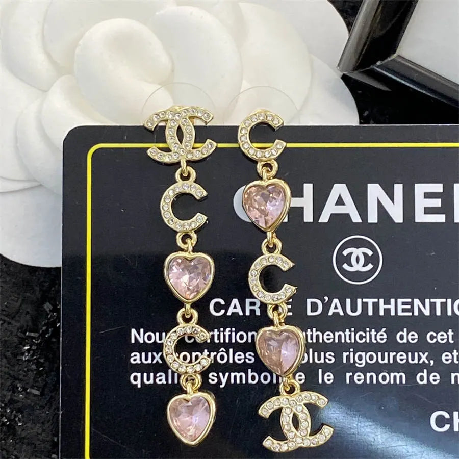 Chanel pink peach heart tassel rhinestone earrings