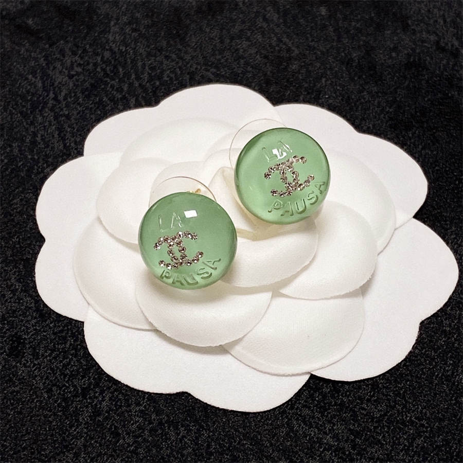 Chanel light green crystal stud earrings with diamonds