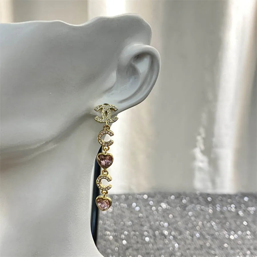 Chanel pink peach heart tassel rhinestone earrings