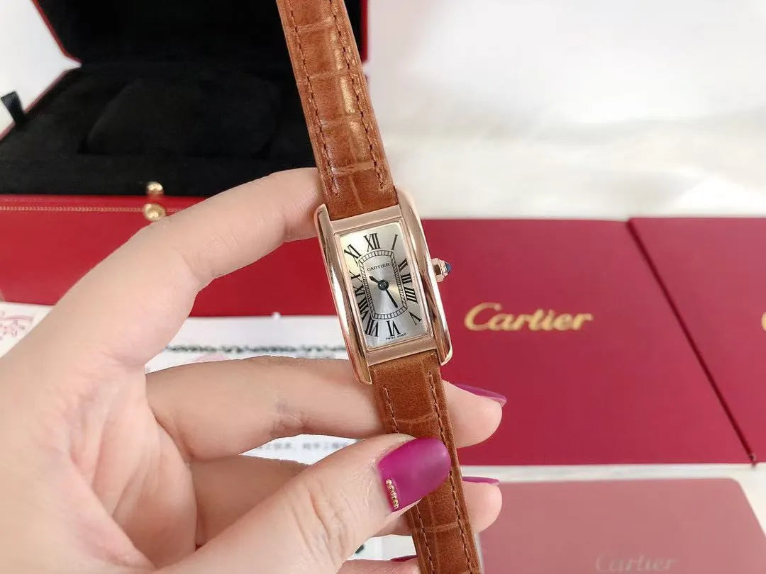 CARTIER Tank Américaine Watch Small Model, Quartz Movement, Rose Gold, Leather