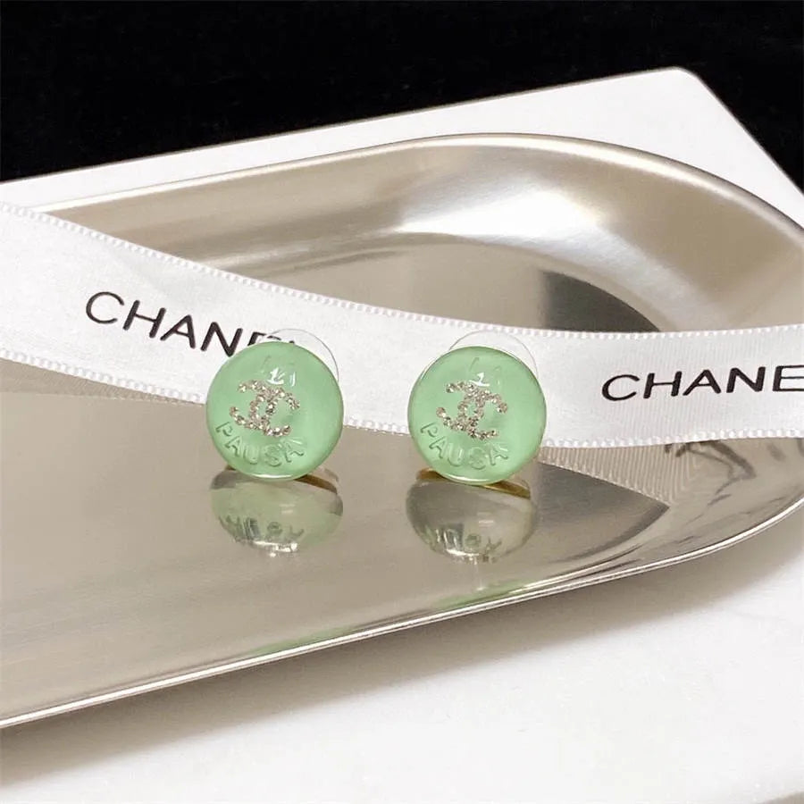 Chanel light green crystal stud earrings with diamonds