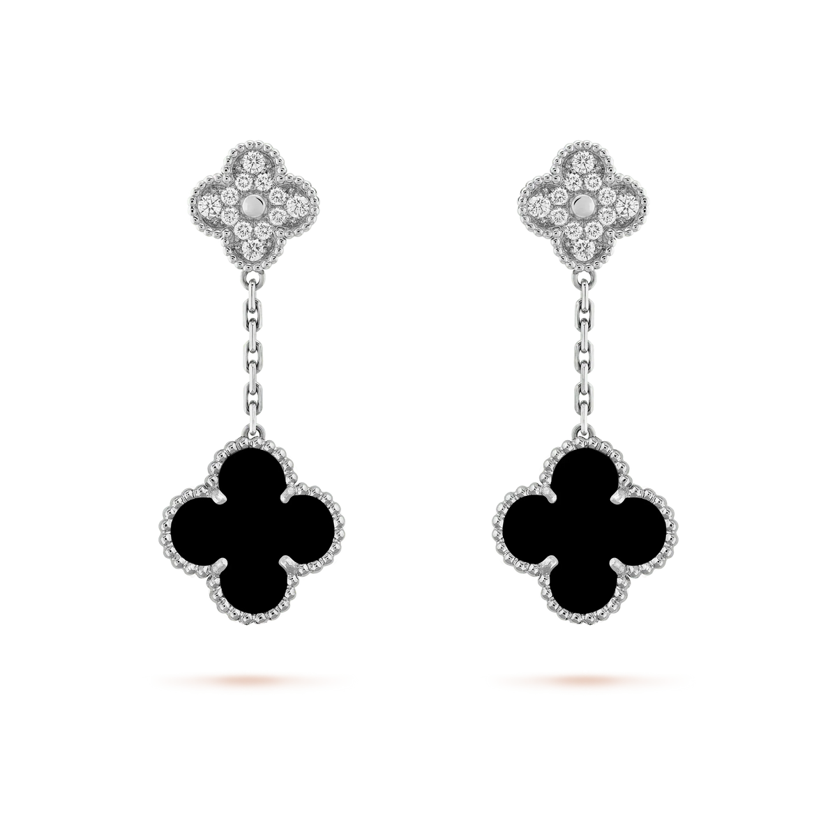 CLOVER 2 MOTIFS  DIAMOND ONYX EARRINGS SILVER