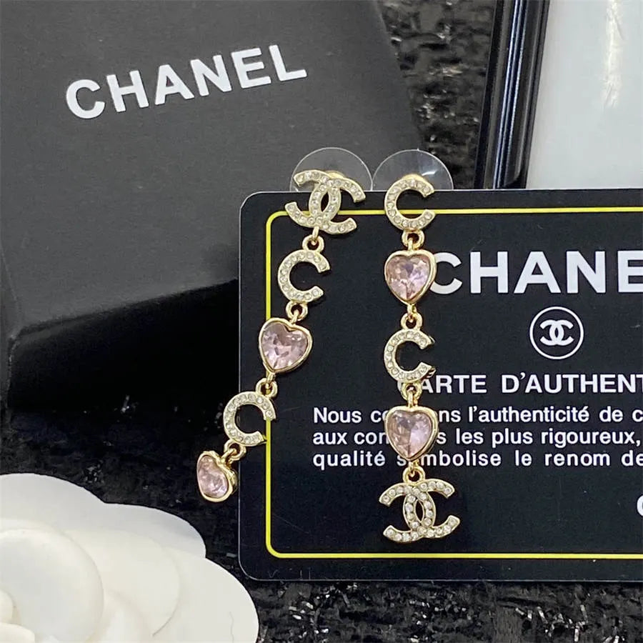 Chanel pink peach heart tassel rhinestone earrings