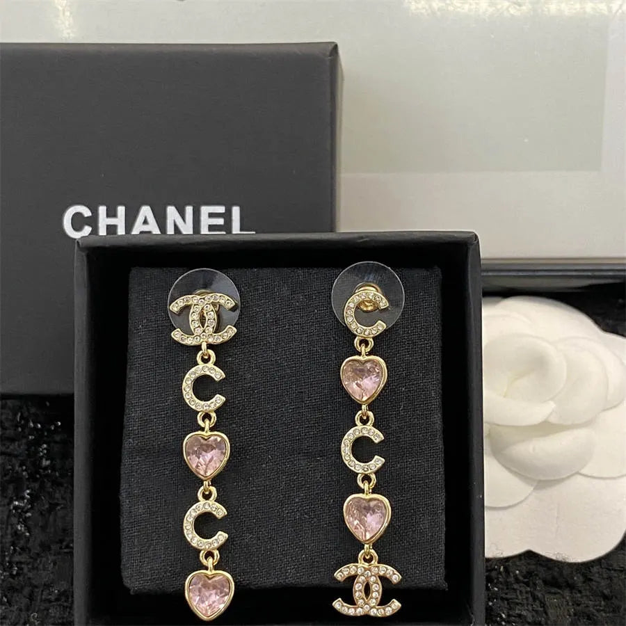 Chanel pink peach heart tassel rhinestone earrings