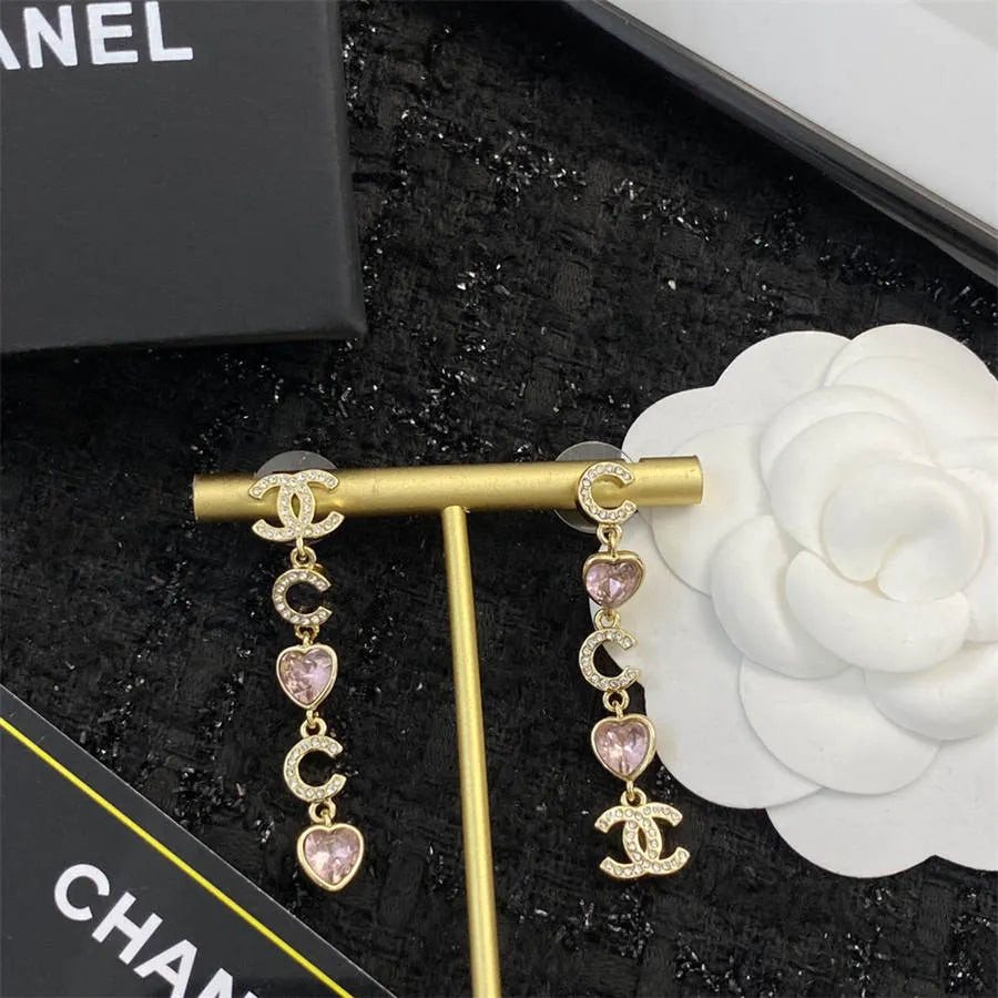 Chanel pink peach heart tassel rhinestone earrings