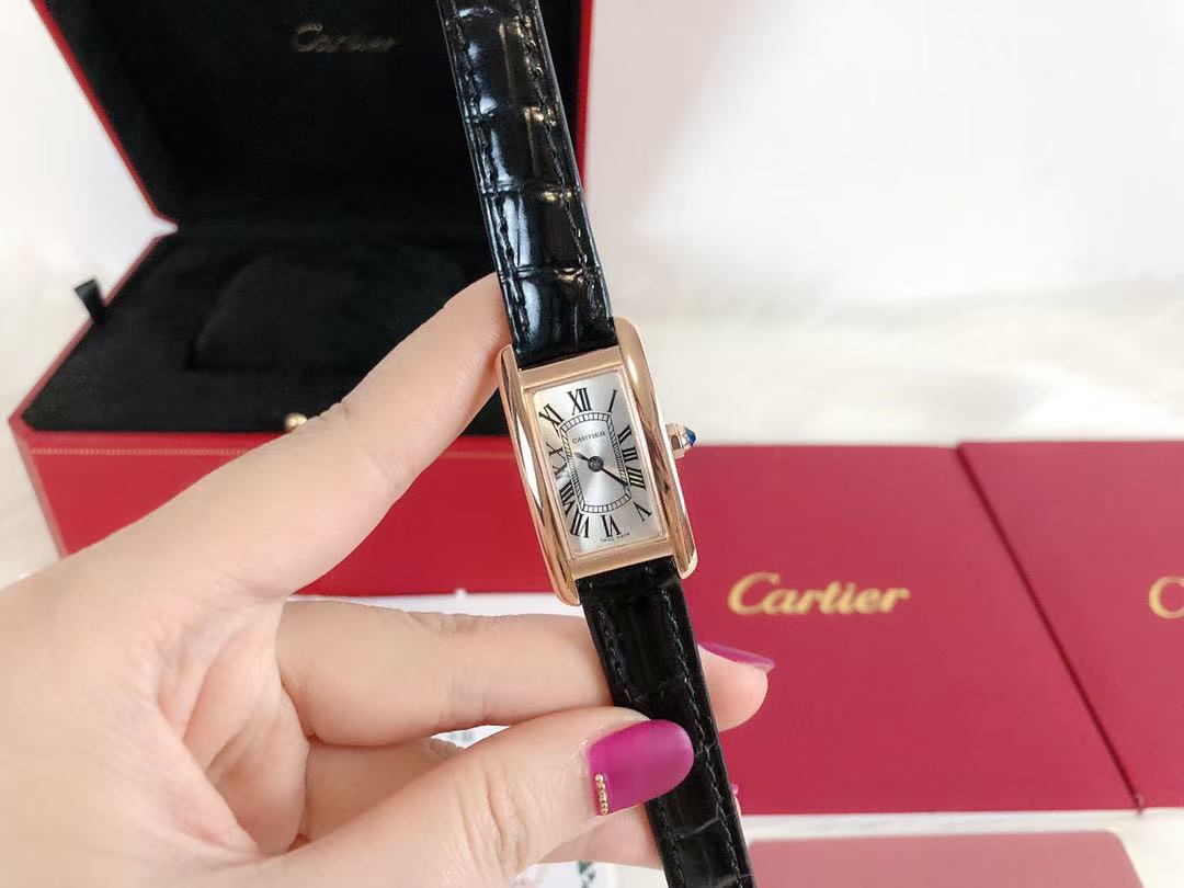 CARTIER Tank Américaine Watch Small Model, Quartz Movement, Rose Gold, Leather