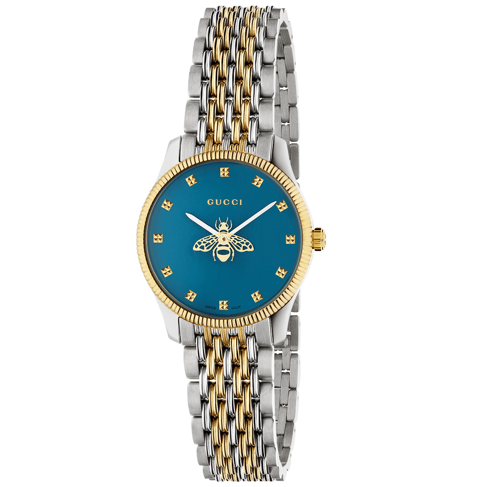 G-Timeless Slim 29mm Blue Icon Bee Motif Dial Two Tone Bracelet Watch