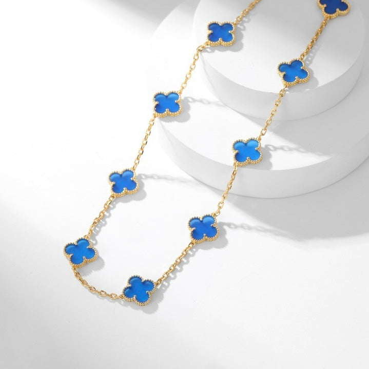 CLOVER 10 MOTIFS BLUE AGATE NECKLACE