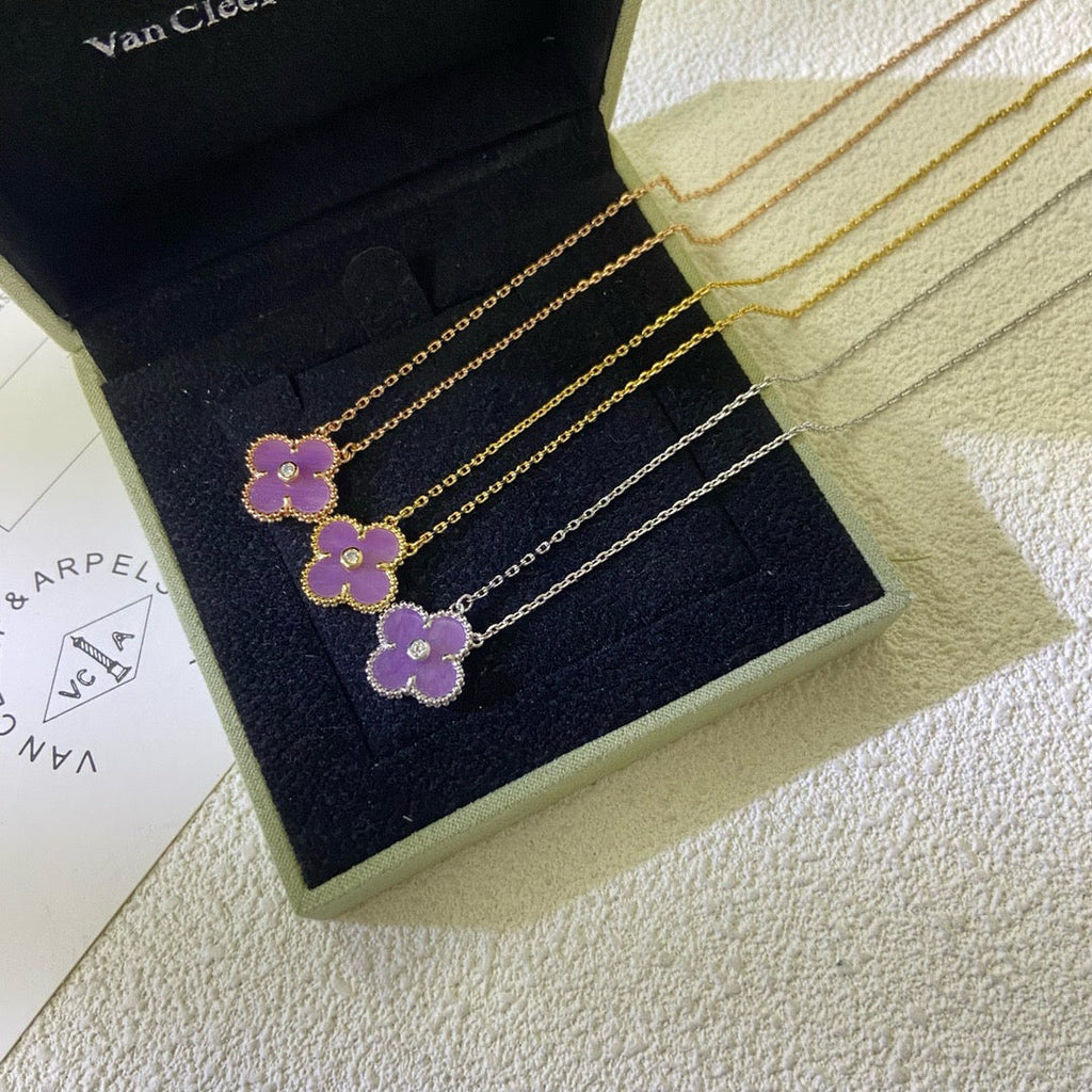 CLOVER 15MM DIAMOND  PURPLE VIOLET NECKLACE