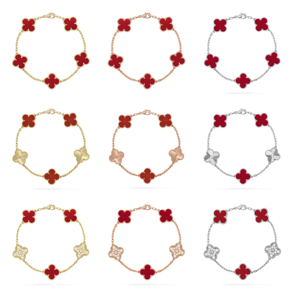 New  CLOVER 5 MOTIF RED CORNELIAN BRACELET COLLECTION