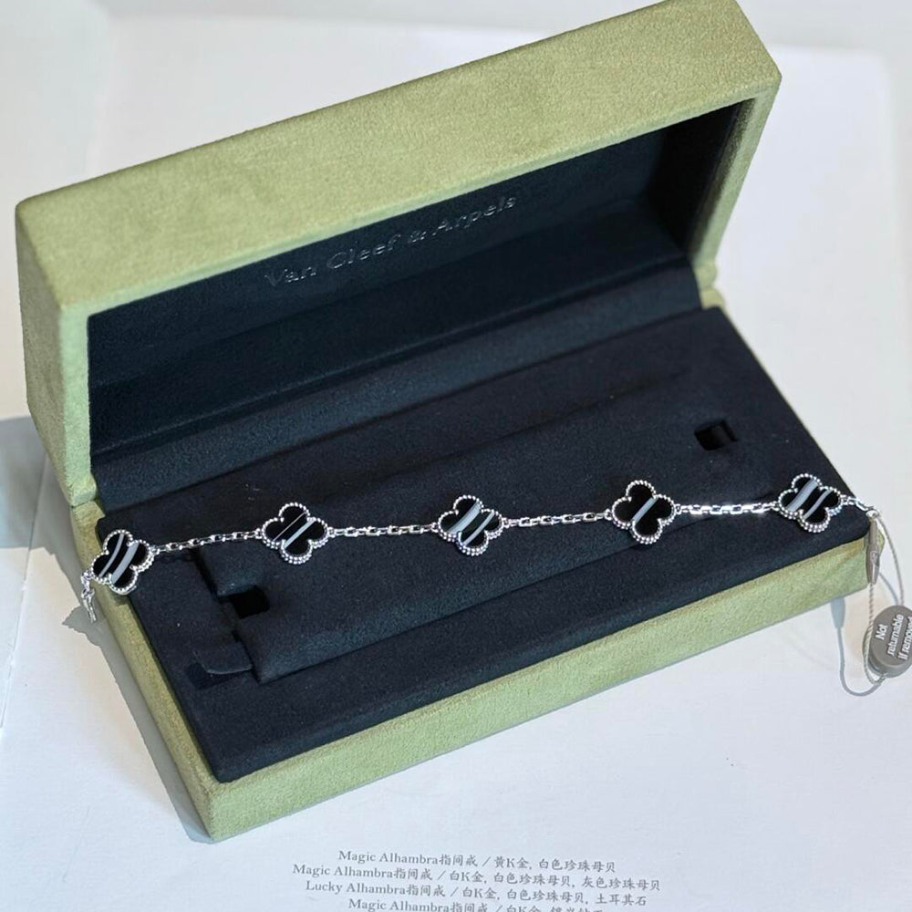 CLOVER 5 MOTIF VEINED ONYX BRACELET SILVER