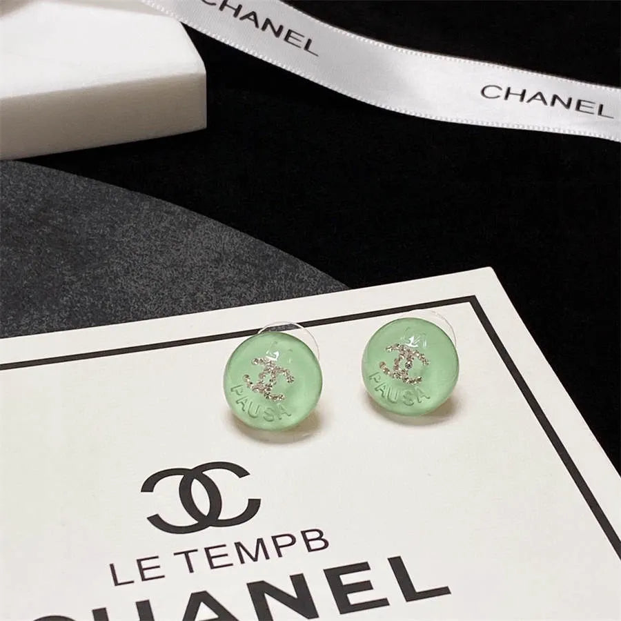 Chanel light green crystal stud earrings with diamonds