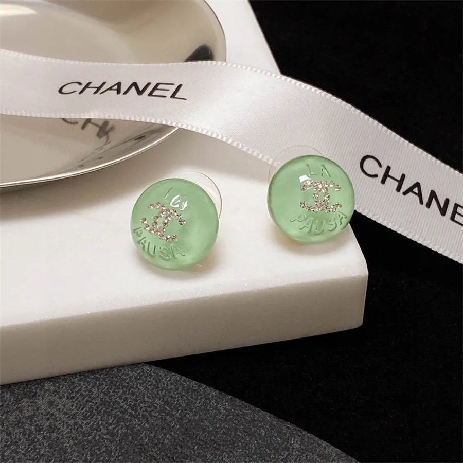 Chanel light green crystal stud earrings with diamonds