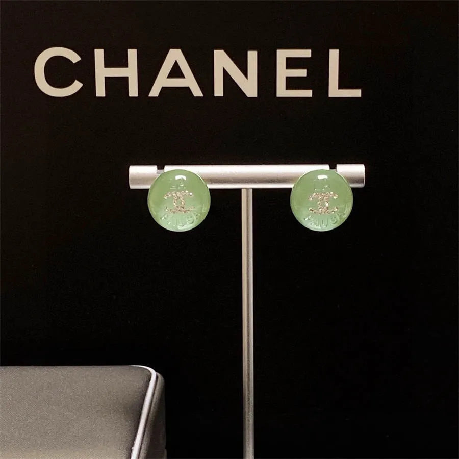 Chanel light green crystal stud earrings with diamonds