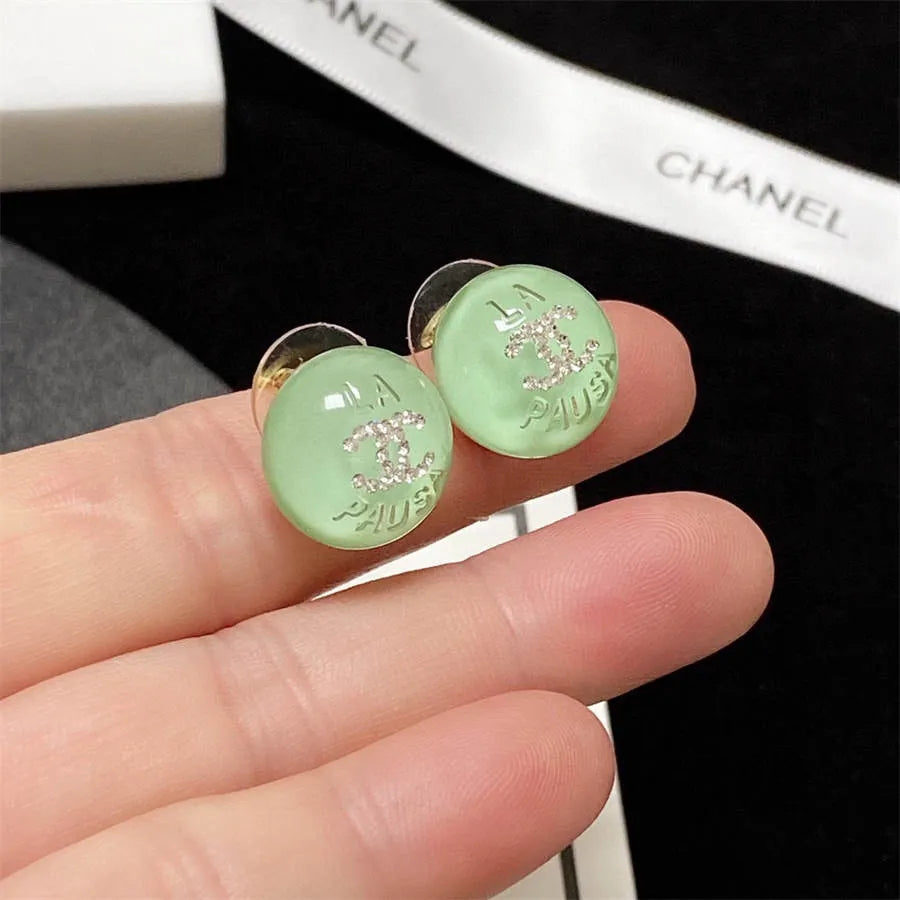 Chanel light green crystal stud earrings with diamonds