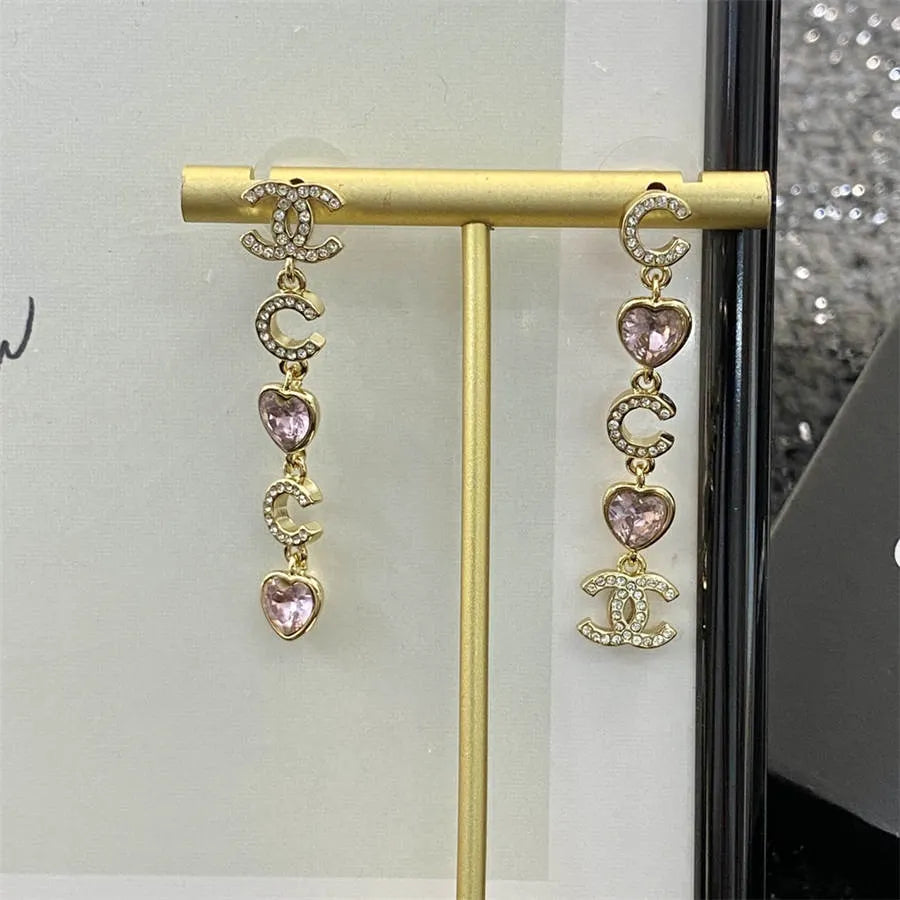 Chanel pink peach heart tassel rhinestone earrings