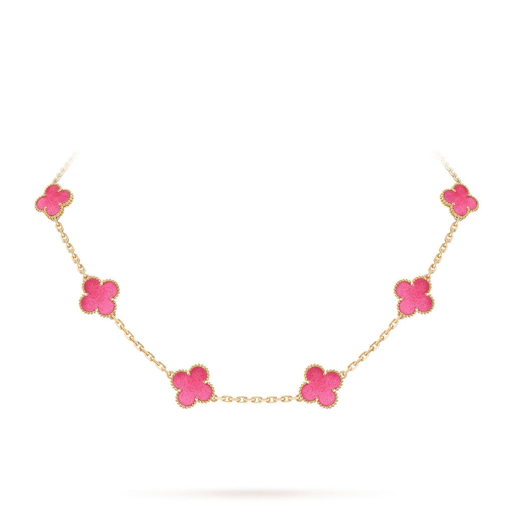 NEW CLOVER 10 MOTIFS PINK ENAMEL NECKLACE