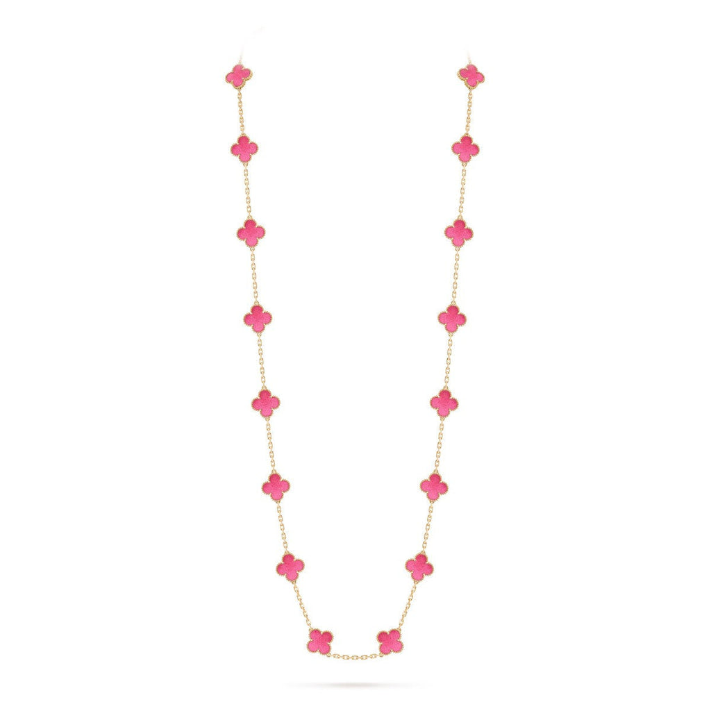 NEW CLOVER 20 MOTIFS PINK ENAMEL NECKLACE