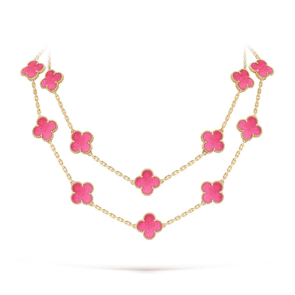 NEW CLOVER 20 MOTIFS PINK ENAMEL NECKLACE