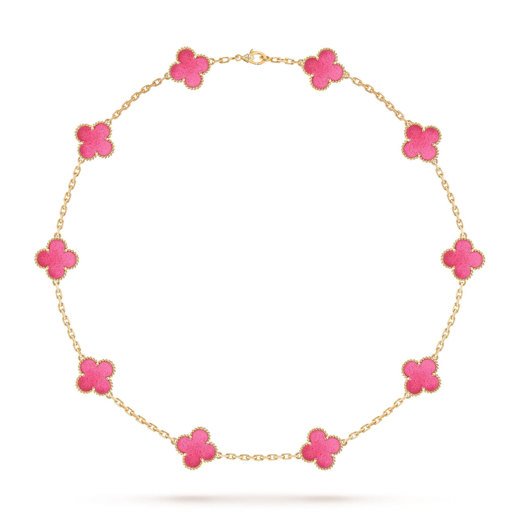 NEW CLOVER 10 MOTIFS PINK ENAMEL NECKLACE